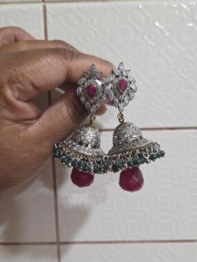 Silver-Tone Jhumka Earrings with Pink and Green Stones - Women Jewelry